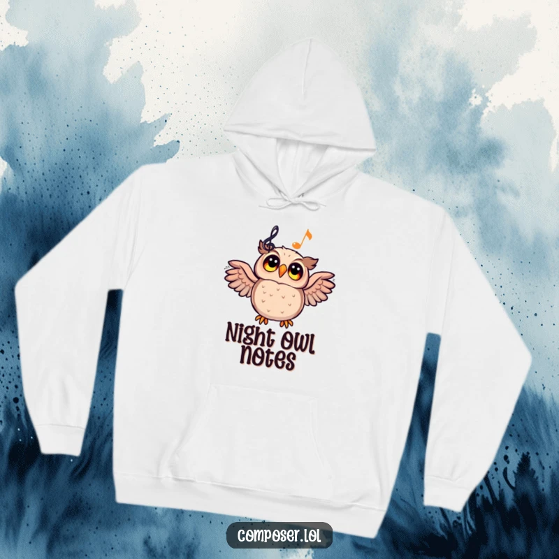 Funny cartoon owl looking up at a glowing musical staff on a hoodie, a warm embrace of musical dreams.