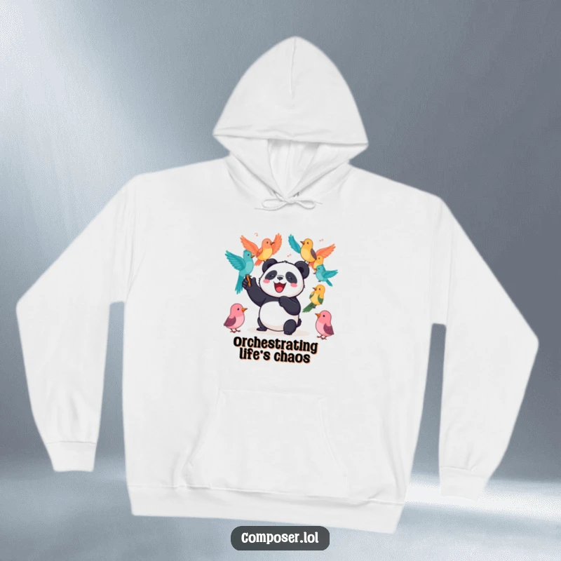Funny Panda Hoodie: A joyful panda enthusiastically leads an orchestra composed of various colorful birds, creating a musical scene.