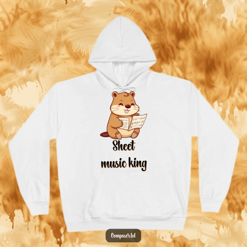Funny beaver composer hoodie, a diligent beaver carefully arranging sheet music, embodying dedication and musical passion.