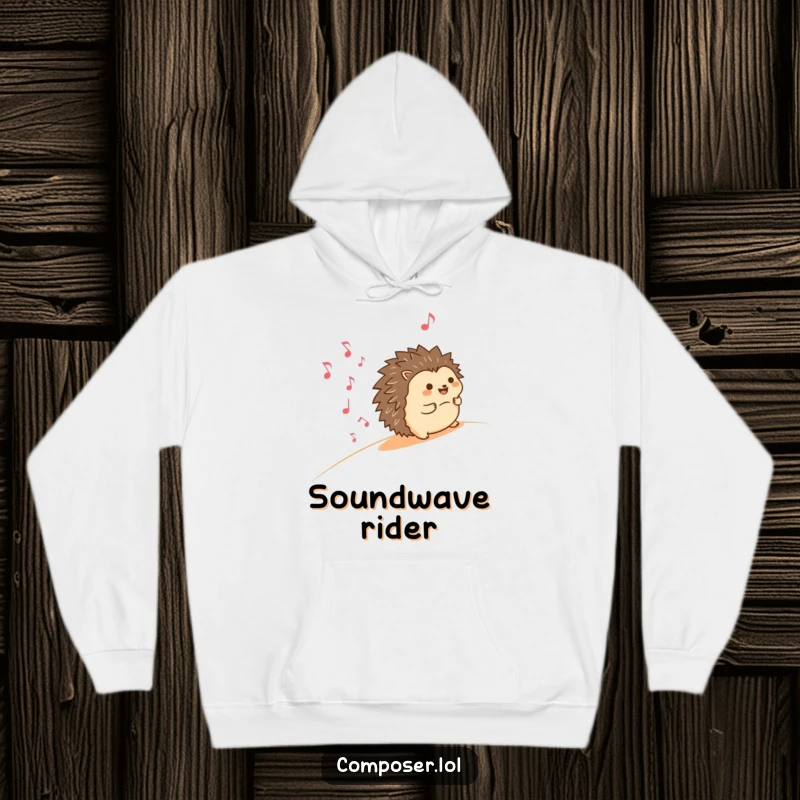 Funny hoodie depicting a happy hedgehog tumbling downhill amidst smiling musical notes, offering cozy comfort and a hilarious visual delight for all.