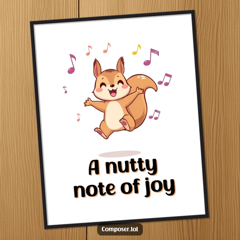Funny Free Printable Wall Art: A playful squirrel leaping with glee between floating musical notes in the air.