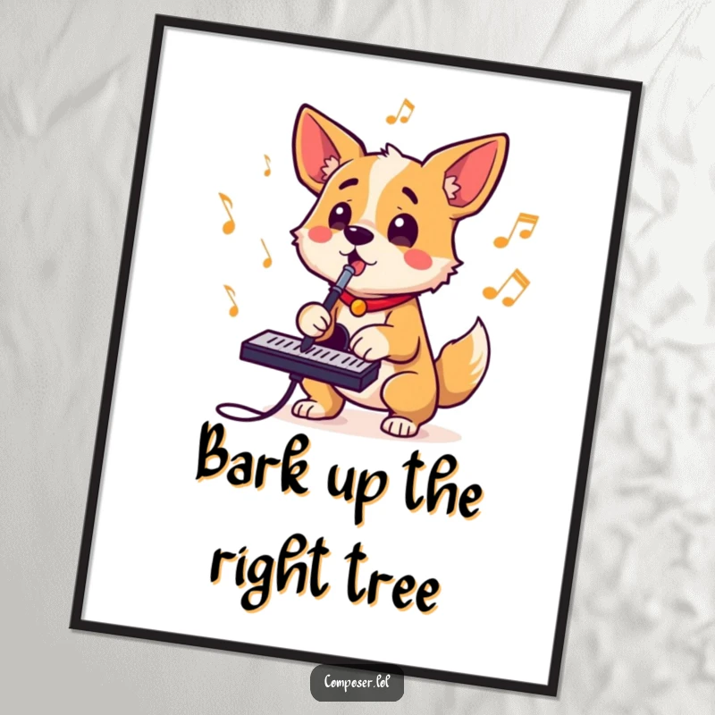 Funny free printable wall art featuring a determined dog composer barking out rhythms, tail wagging, eyes bright with musical passion.