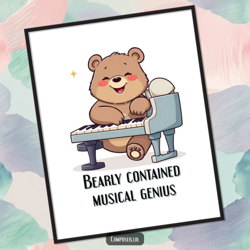 Funny Free Printable bear composer energetically playing a grand piano, paws a blur, radiating pure musical joy.