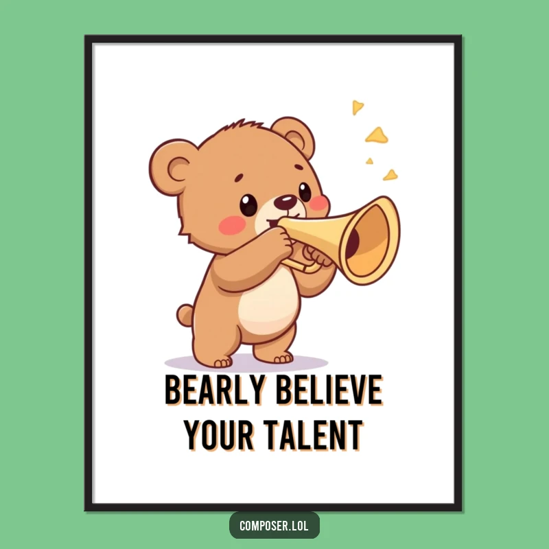 Free Printable Bear Cub Wall Art: Funny Trumpet Fanfare Downloadable Decor