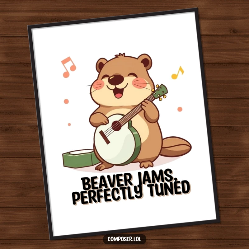 Funny Free Printable Wall Art: A beaming beaver precisely arranging various musical instruments with happy, meticulous movements, quirky decor.