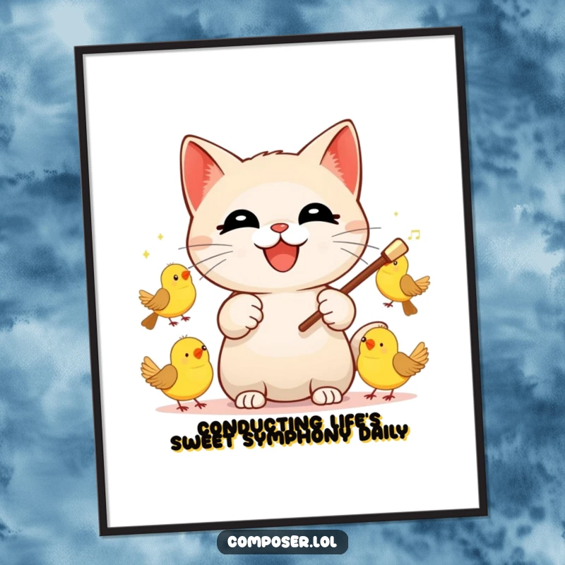 Funny Free Printable Wall Art: A cat artistically conducting a lively symphony of colorful birds with a baton, full of glee.