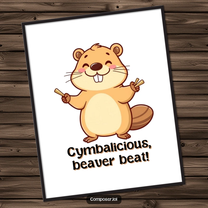 Funny Free Printable Wall Art: A smiling beaver enthusiastically bangs cymbals with a happy flourish, radiating joy.