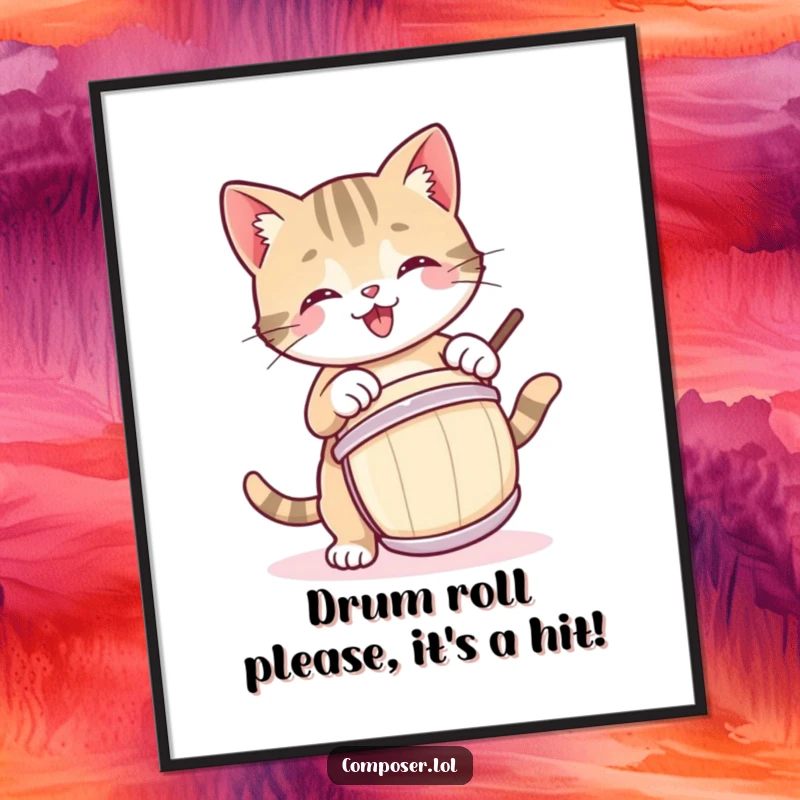 Funny Free Printable Wall Art: A cheerful kitty enthusiastically taps a drum with a joyful, bouncy attitude.