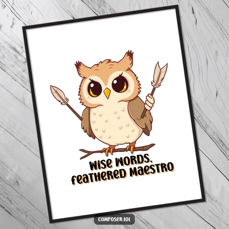 Funny Free Printable Wall Art: Curious owl conductor dramatically waves feather baton, adding a humorous artistic touch.