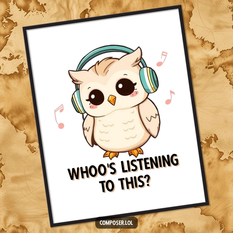 Funny Free Printable Wall Art: A cute owl wearing headphones dances rhythmically to a silent tune, adding musical flair.