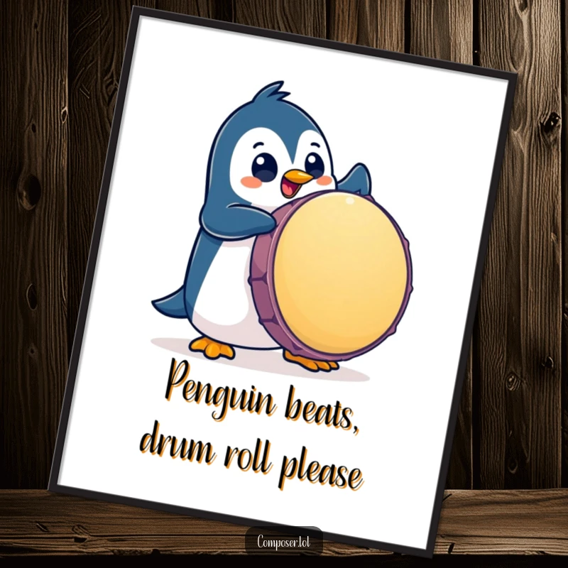 Funny Free Printable Wall Art: Playful penguin with big eyes enthusiastically pounds a giant drum, creating a lively atmosphere.