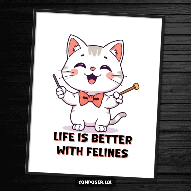 Funny Free Printable Wall Art: A happy, bow-tied cat enthusiastically conducts an invisible orchestra with a baton.
