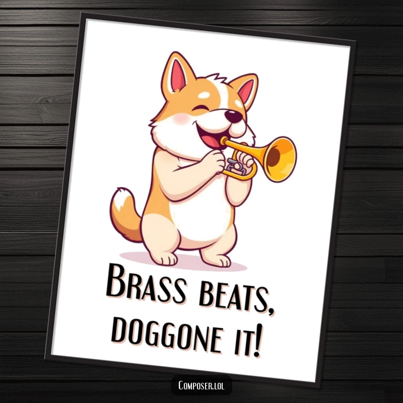 Funny Free Printable Wall Art: A proud dog with a puffed chest plays a majestic trumpet with flair.
