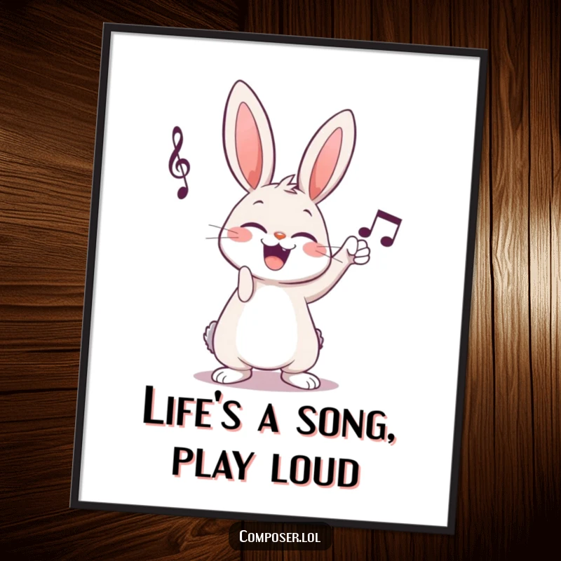 Funny Free Printable Wall Art: A giggling cartoon rabbit triumphantly tapping musical notation with a cheerful flourish.