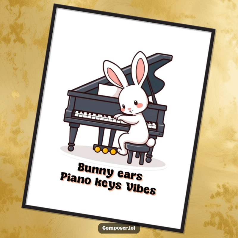 Funny Free Printable Wall Art: A playful rabbit with large ears sits at a grand piano, tapping the keys.