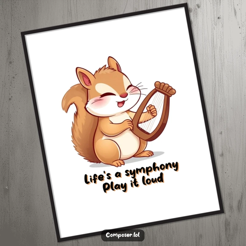 Funny free printable wall art of a winking squirrel composer, captured mid-performance playing a small harp with lightning paws.
