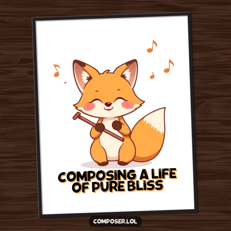 Funny Free Printable Wall Art: A clever fox composing a musical score, with animated notes dancing energetically around.