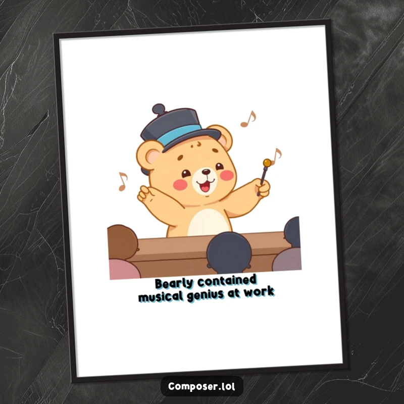 Funny Free Printable Wall Art: Happy bear cub in hat conducting orchestra with baton, whimsical maestro, delightful downloadable art.