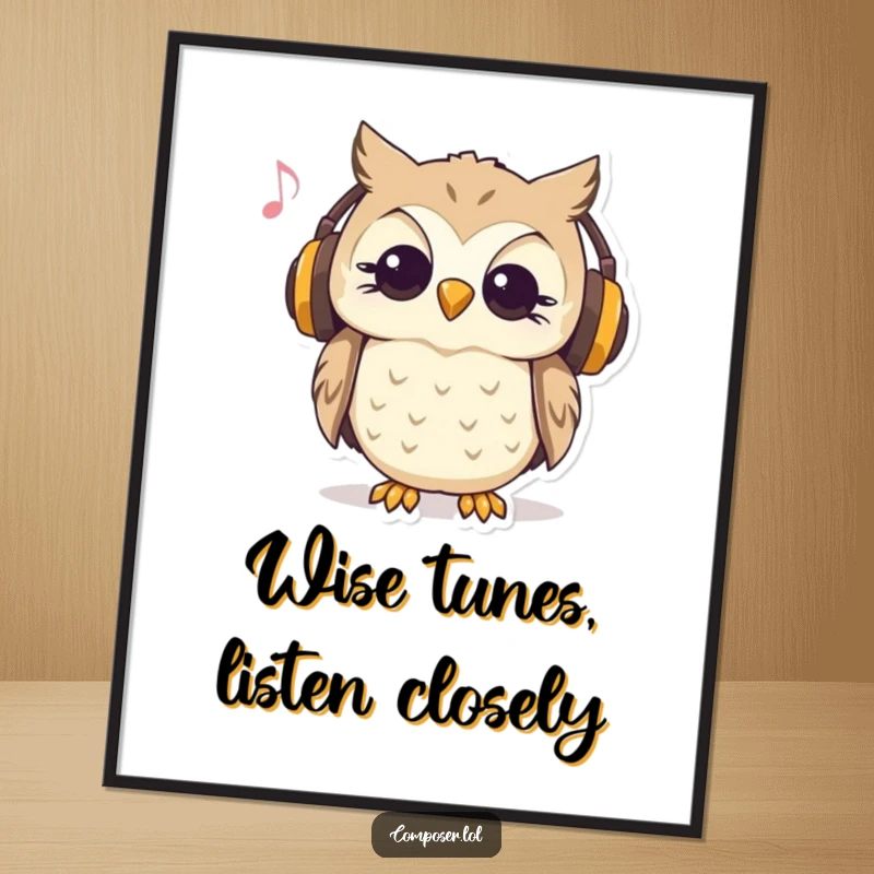 Funny Free Printable Wall Art: Curious owl wearing headphones nods to music, cool music decor.