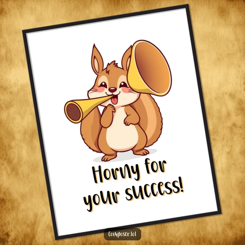 Funny Free Printable Wall Art: Energetic squirrel playing a giant französ horn, creating a loud and cheerful scene.