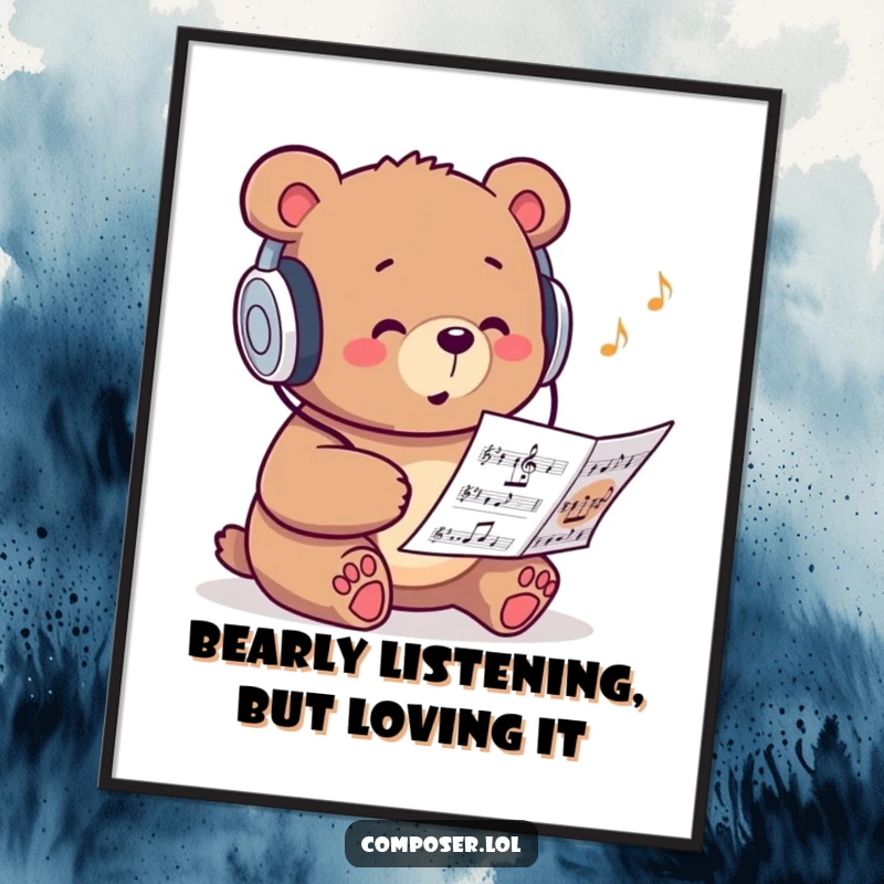 Funny Free Printable Wall Art: A studious bear dons headphones, humming along to sheet music with a relaxed expression.
