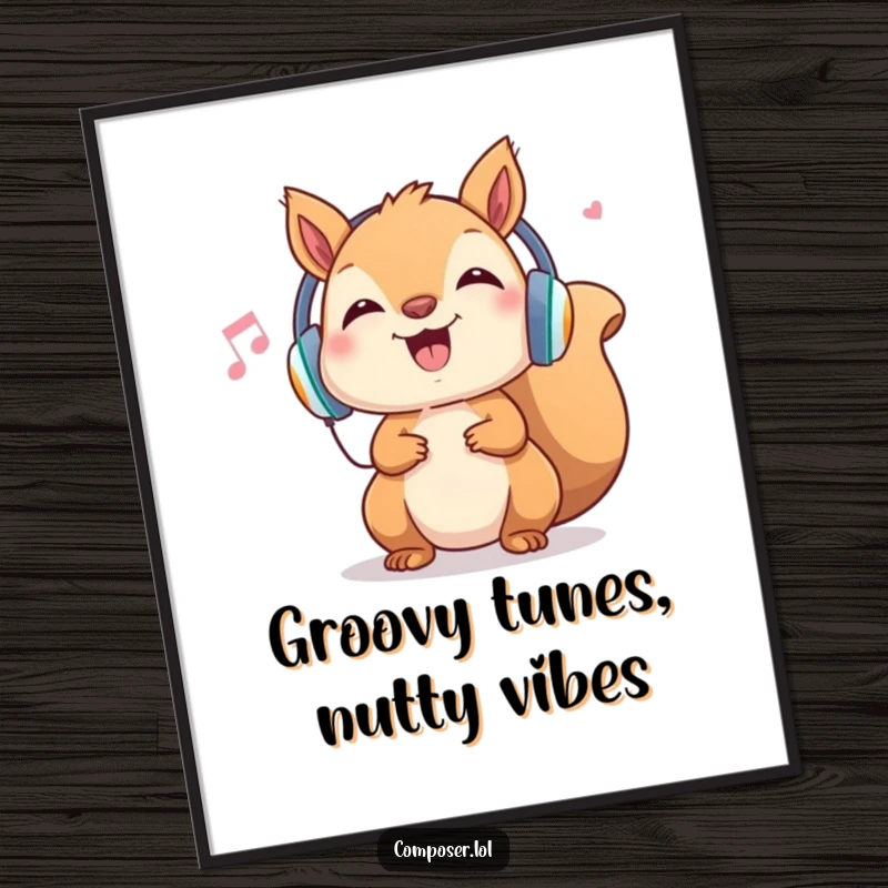 Funny Free Printable Wall Art: Cheerful squirrel DJ wearing headphones, happily bopping its head to an imaginary beat.