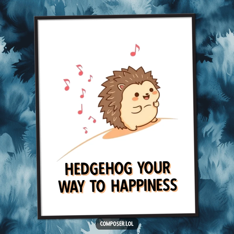Funny Free Printable Wall Art: A happy hedgehog comically rolling downhill, leaving a stream of smiling musical notes, whimsical decor.