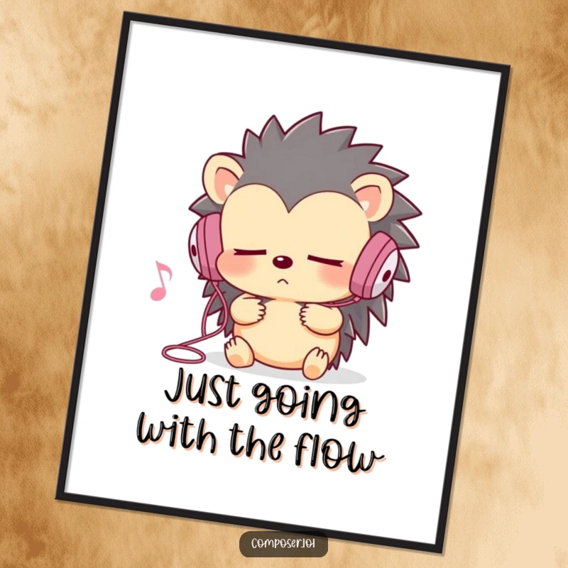 Funny Free Printable Wall Art: A determined hedgehog deeply engrossed in music with earbuds, eyes shut, creating a groovy vibe.