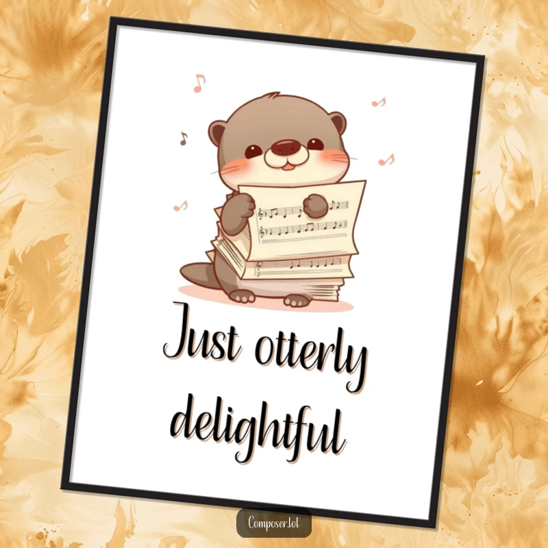 Funny Free Printable Wall Art: A shy otter peeks from behind sheet music, humming happily, serene and whimsical art.