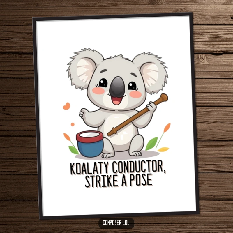 Funny Free Printable Wall Art: Koala conductor enthusiastically leads an orchestra with a twig baton, creating a lively scene.