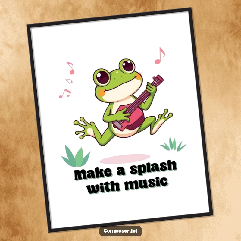 Funny free printable wall art of a joyful frog composer, captured leaping with excitement while composing a catchy, upbeat new musical tune.