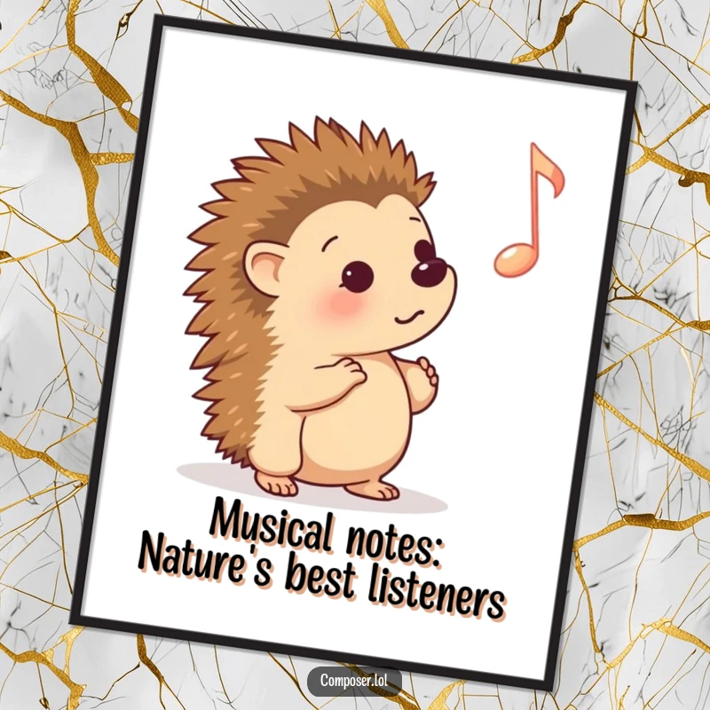 Funny Free Printable Wall Art: Adorable cartoon hedgehog listening closely to a large floating musical note, whimsical downloadable art.