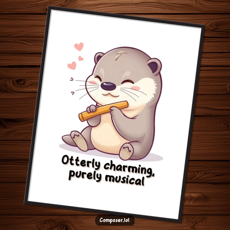 Funny Free Printable Wall Art: A sweet otter happily blows into a tiny flute with a contented, gentle sigh.