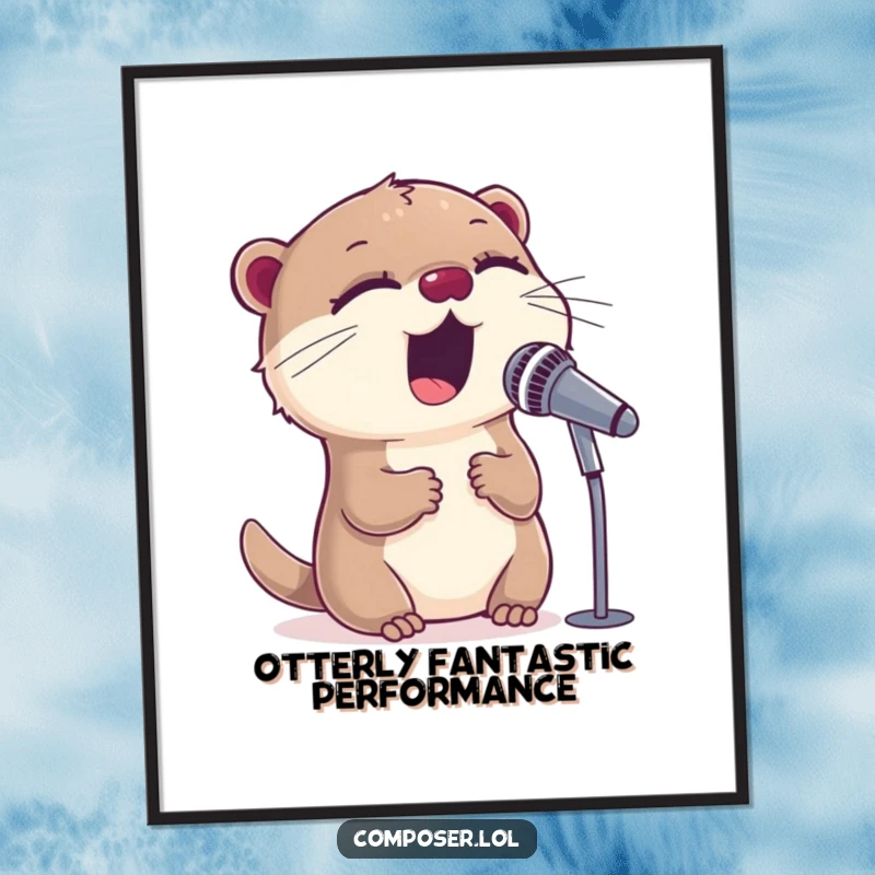 Funny Free Printable Wall Art: Sweet otter enthusiastically singing into a microphone with eyes closed, lost in the music.