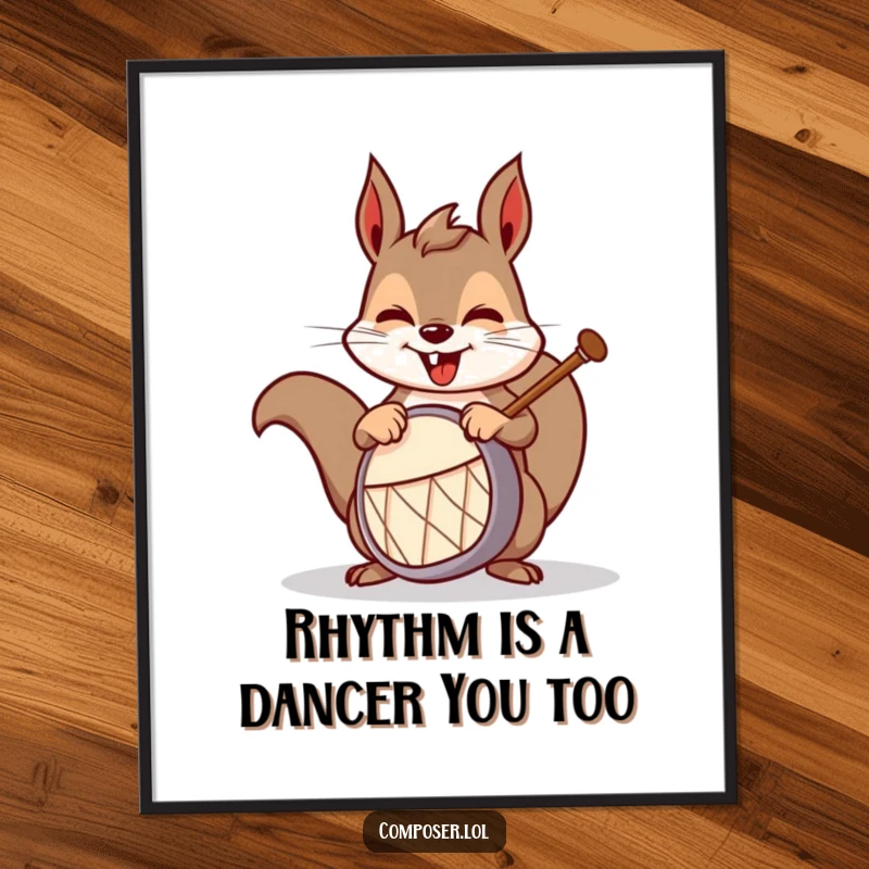 Funny Free Printable Wall Art: A mischievous squirrel enthusiastically playing a tiny drum, bringing vibrant, humorous energy to the decor.