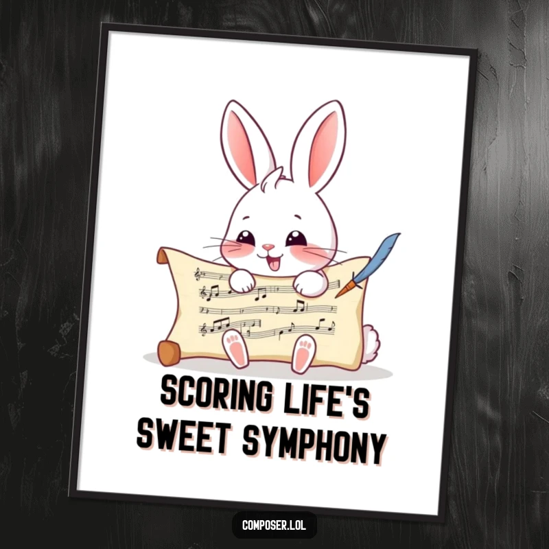 Funny Free Printable Wall Art: A giggling rabbit with bright eyes, scribbling musical notes onto a scroll with a quill.