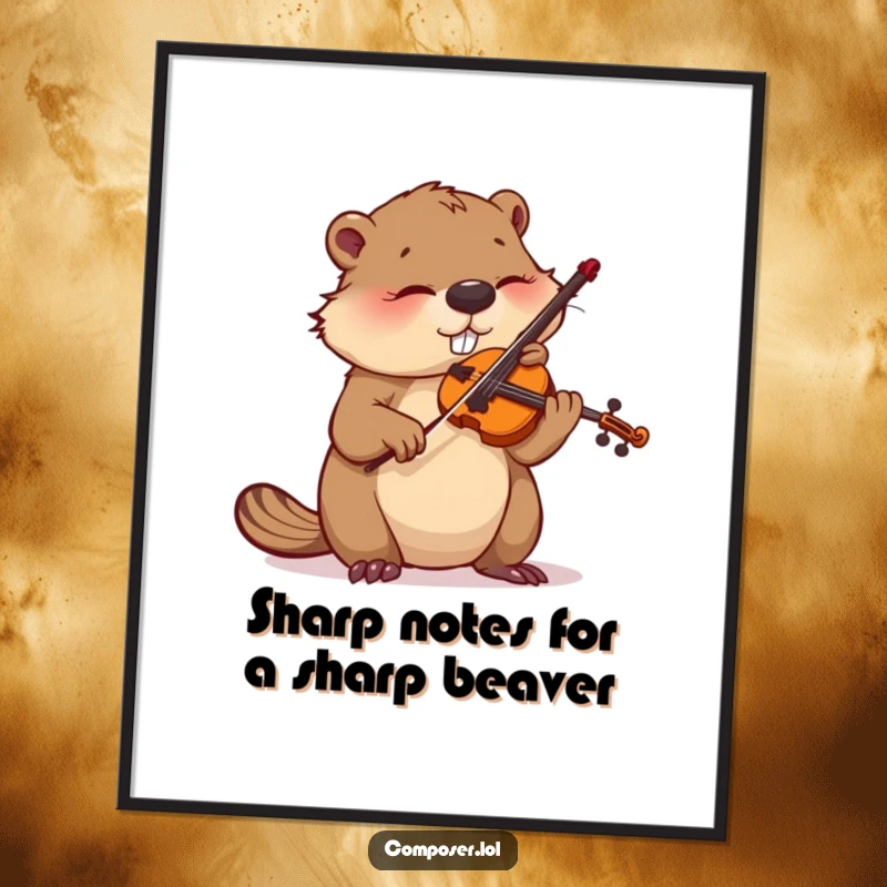 Funny Free Printable Wall Art: A busy beaver with intense focus meticulously tunes a miniature violin.