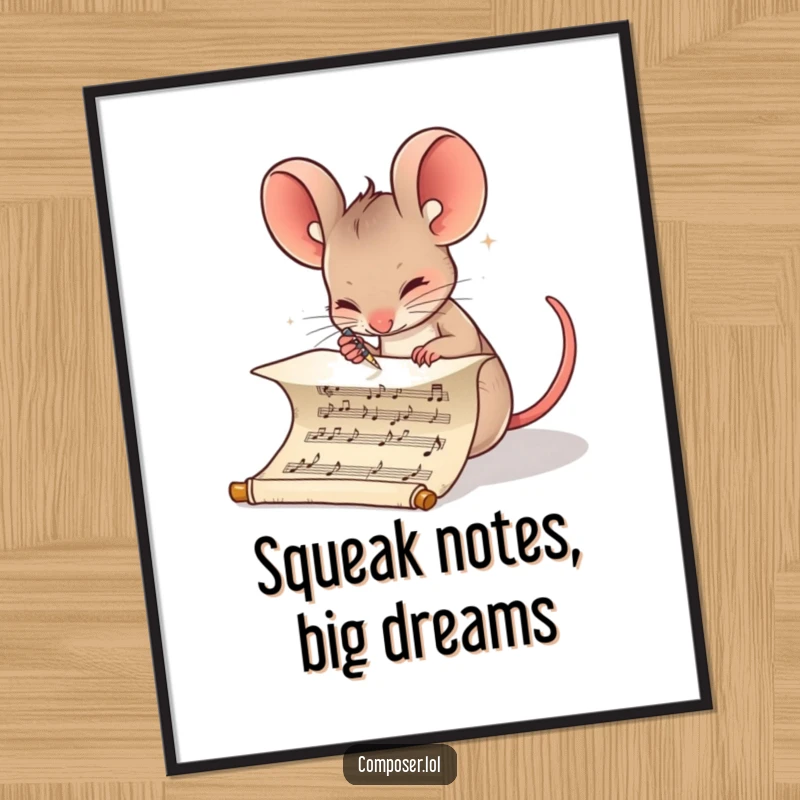 Funny Free Printable Wall Art: A determined mouse meticulously writes musical notes on a scroll, creating a masterpiece.