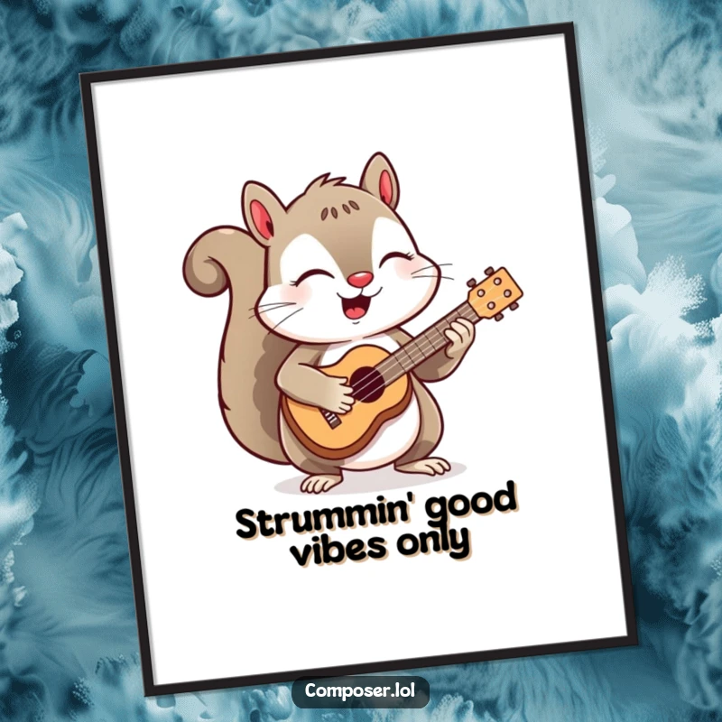 Funny Free Printable Wall Art: A cheerful squirrel enthusiastically strumming a miniature ukulele with eyes closed in musical ecstasy.