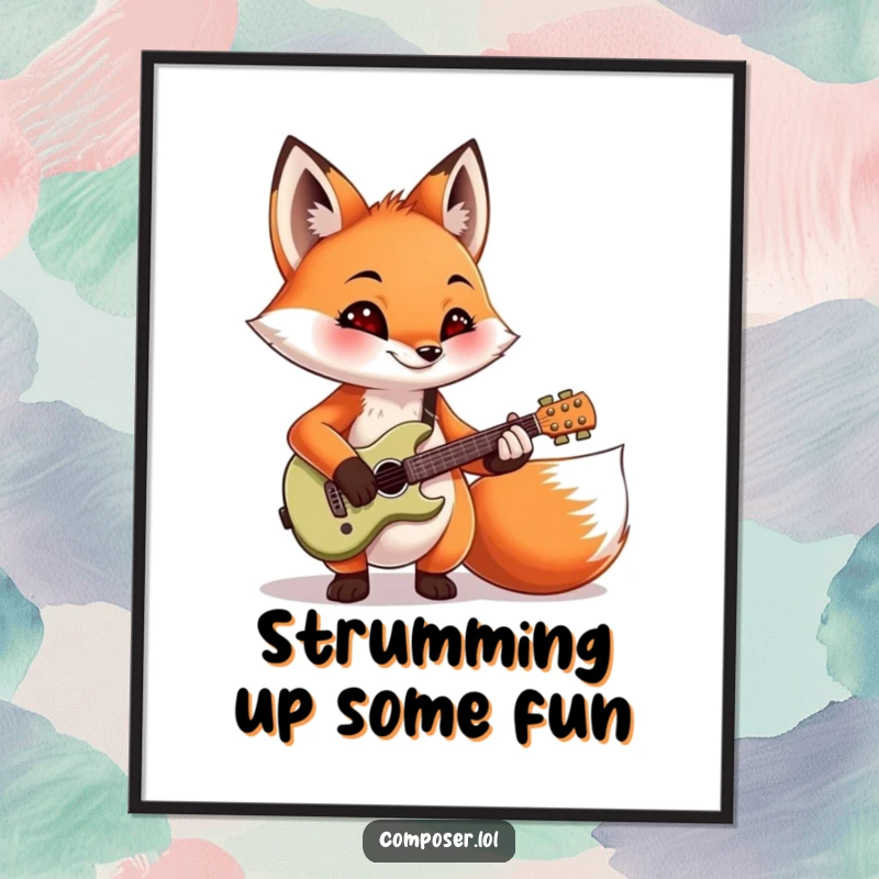 Funny Free Printable Wall Art: A cool fox rocking out on a small guitar, perfect for music room decor.