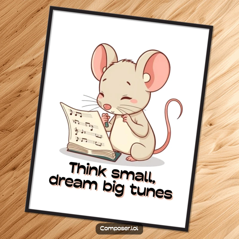 Funny free printable wall art of a curious mouse composer, focused intently on a musical score, conveying deep thought and concentration.