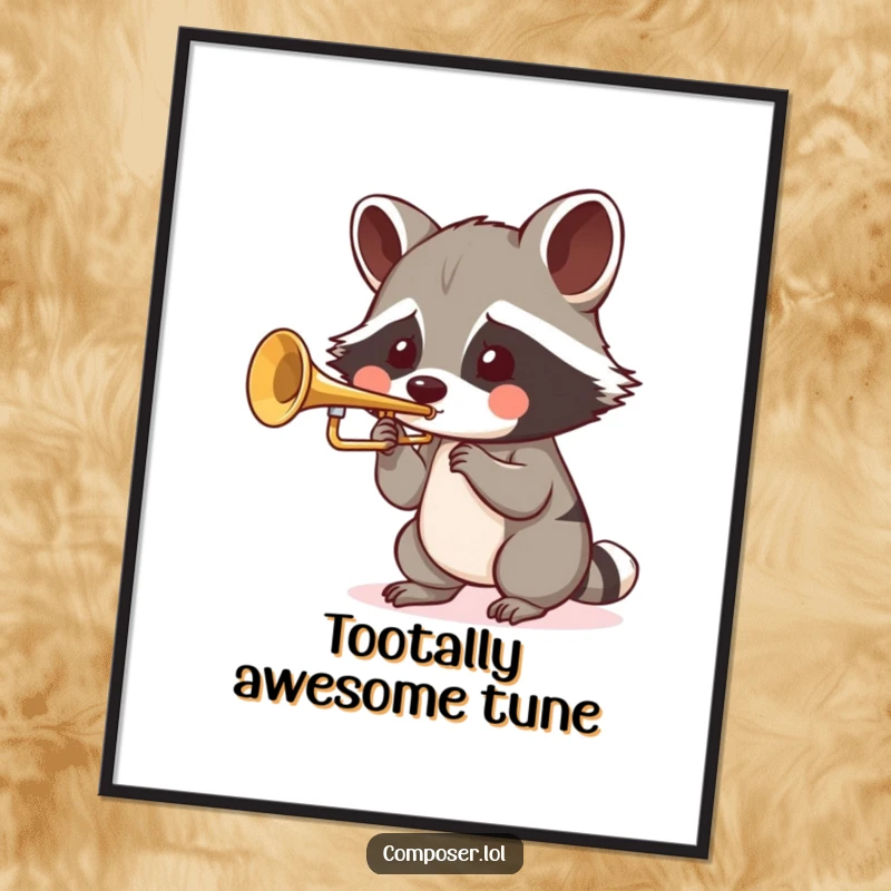 Funny Free Printable Wall Art: A raccoon with puffed cheeks playfully blows into a tiny trumpet, creating cheerful musical vibes.