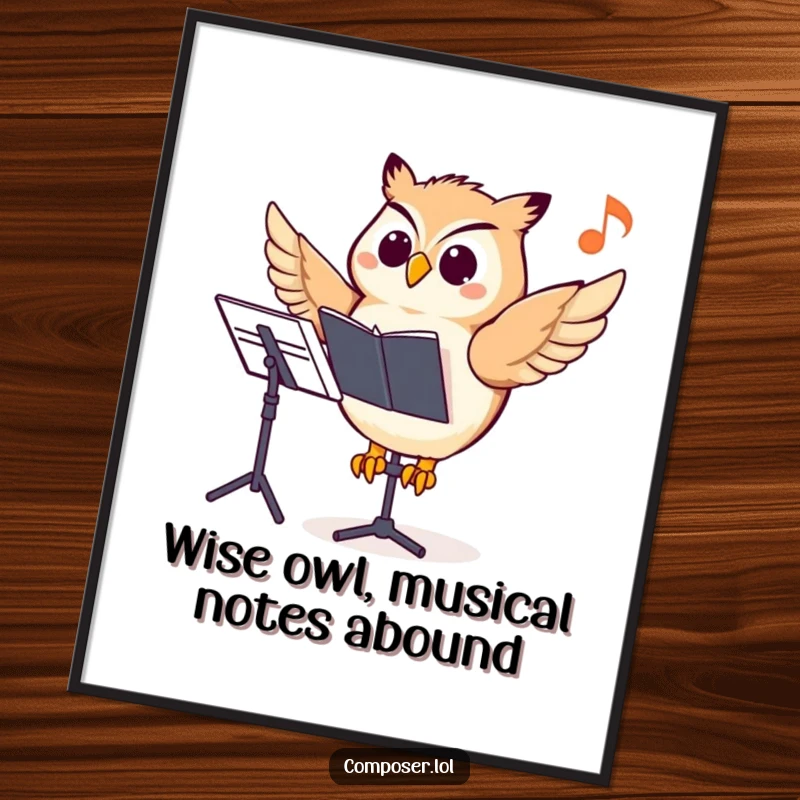 Funny Free Printable owl composer perched on a music stand, excitedly pointing at a musical note with a wise gaze.