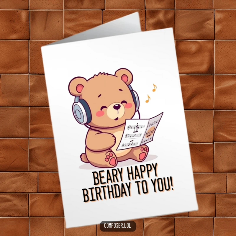 Funny Free Printable Birthday Card: A studious bear wearing headphones hums happily along to sheet music.