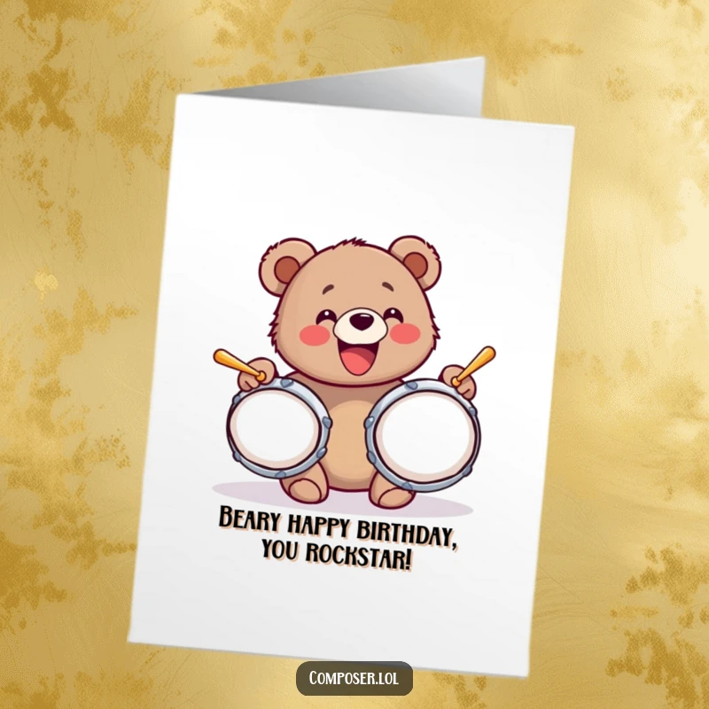 Funny Free Printable Birthday Card: A bear cub gleefully banging oversized cymbals with a huge, happy grin.