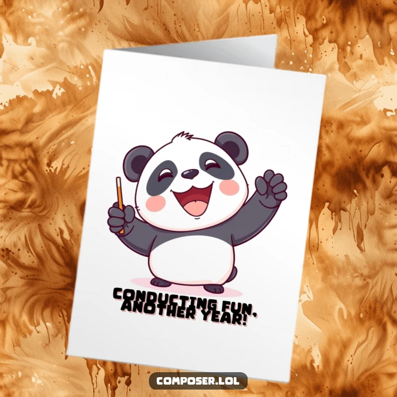 Funny Free Printable Birthday Card: Panda conductor joyfully leading an invisible orchestra with a big smile and baton.