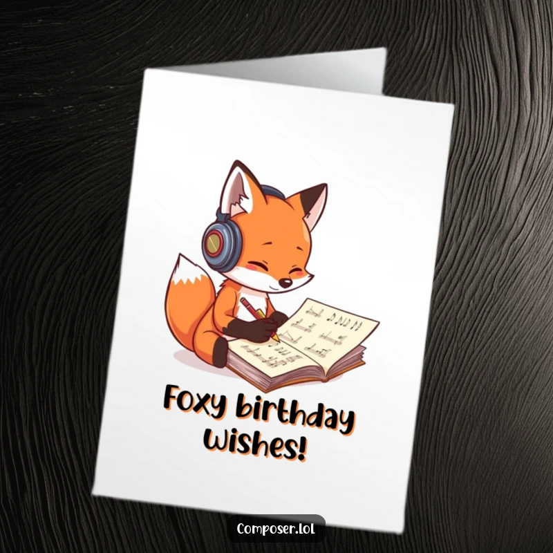 Funny Free Printable playful fox with headphones composing music, scribbling notes on a manuscript for a birthday.