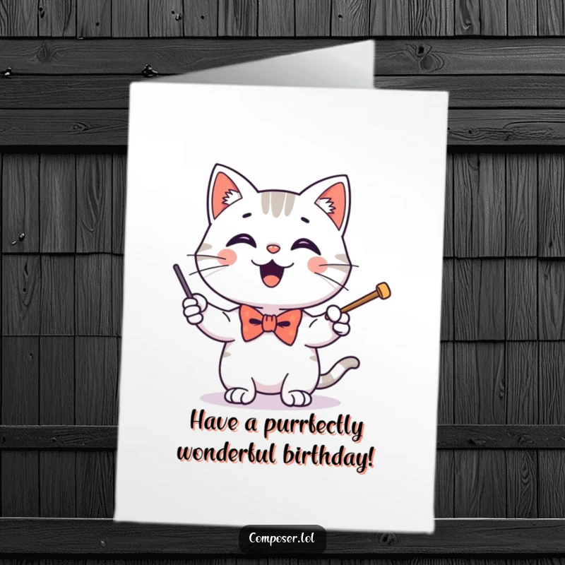 Funny Free Printable Birthday Card: A happy cat in a bow tie enthusiastically conducts with a baton, maestro-style.