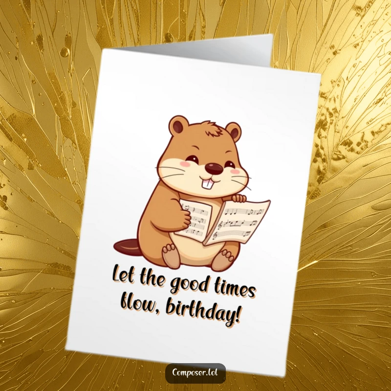 Funny Free Printable Birthday Card: Determined beaver carefully arranging sheet music with tiny paws, focused on a musical masterpiece.
