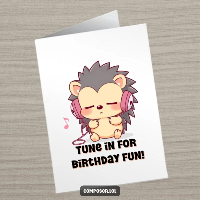Funny Free Printable Birthday Card: Hedgehog with earbuds, eyes closed, intensely listening to music, ready to party.